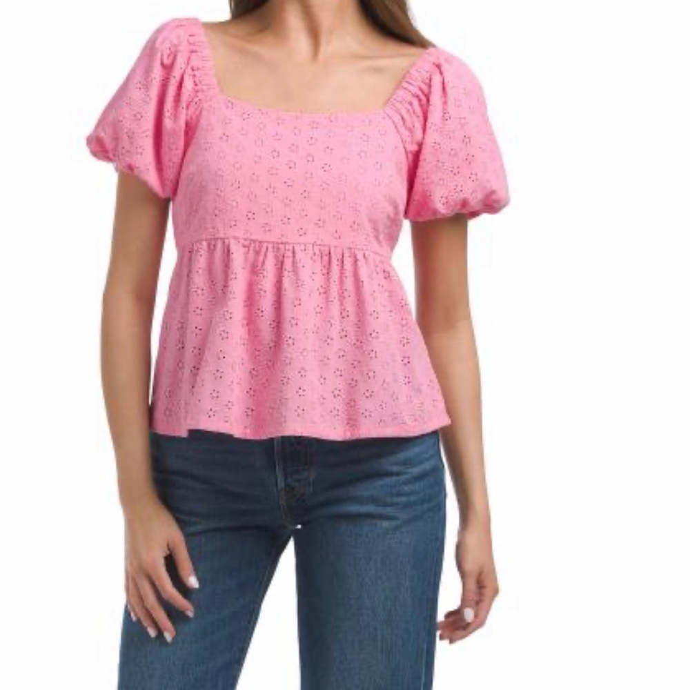 Posh Peanut Pink Eyelet Peplum Puff-Sleeve Top